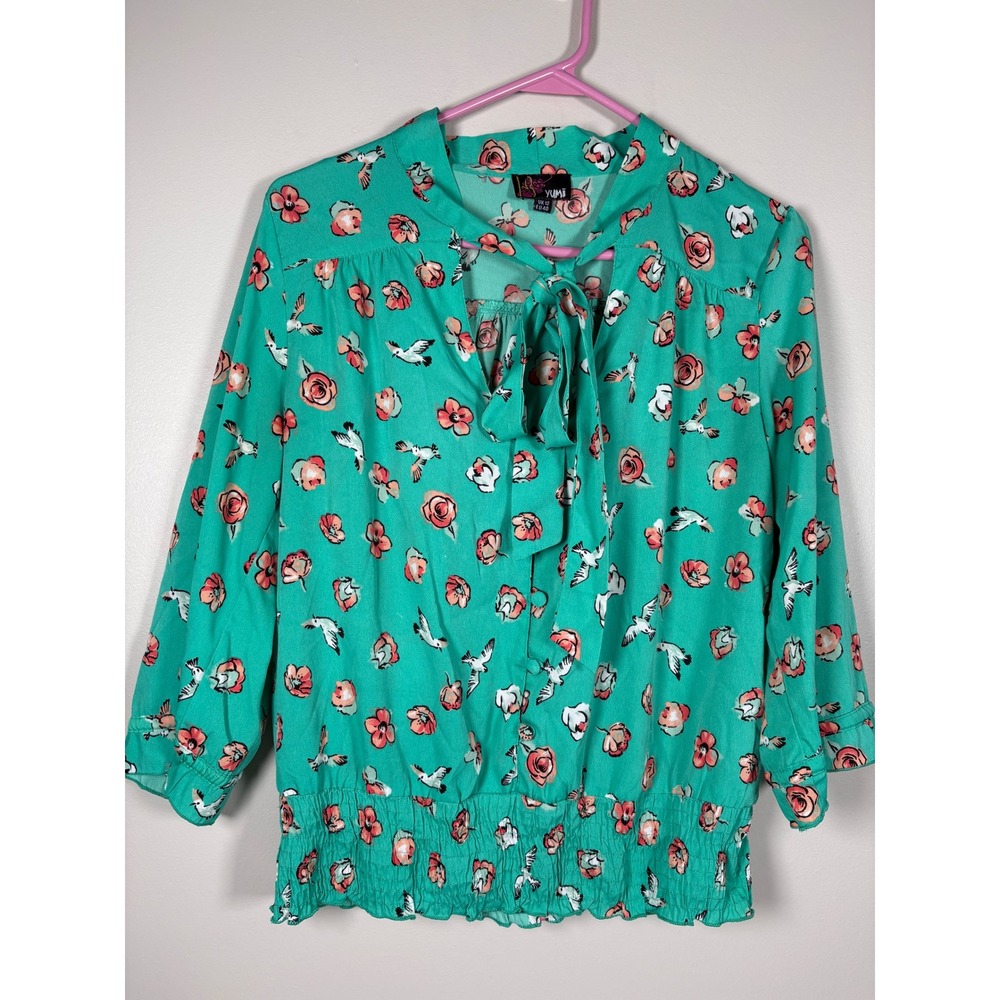 Yumi Green Floral Bird Print Tie Neck Smocked Blouse Womens US 8 Cottagecore